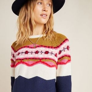 Anthropologie Field Flower Camellia Fuzzy Fair Isle Wool Knit Sweater